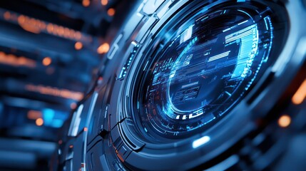 Futuristic tech interface, glowing digital display, server room background, tech concept
