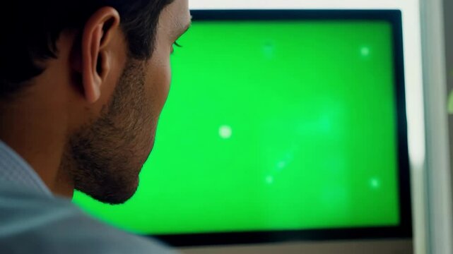 A person focuses intently on a computer with a green screen, engaged in coding practice in a contemporary office setting while enhancing their skills during a productive session.