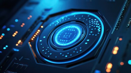 Futuristic tech interface, glowing blue, digital circuit board, data processing