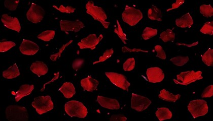 falling red rose petals and blooming roses on black background, romantic floral composition for valentine's day design

