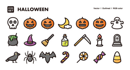 Halloween illustration icon set.Simple vector outlines, clipart for graphic design.