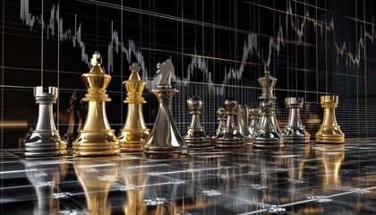 Strategic business moves visualized gold and silver chess pieces representing market graphs in a dynamic environment
