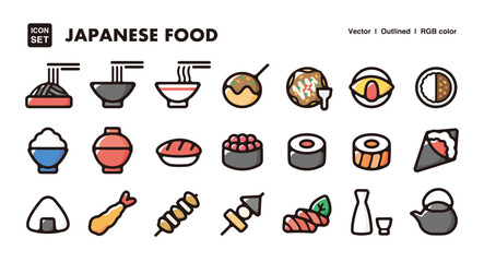 Japanese food illustration icon set.Simple vector outlines, clipart for graphic design.