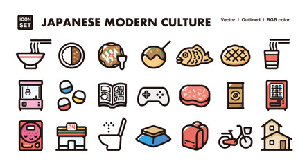 Japanese modern culture illustration icon set.Simple vector outlines, clipart for graphic design.