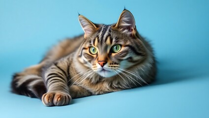 Gray Tabby Cat Relaxing on Blue Background in Serene, Expressive Pose