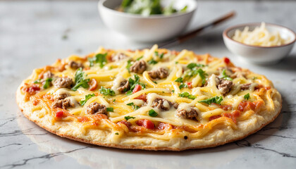 Delicious homemade pizza with toppings on marble counter, culinary delight