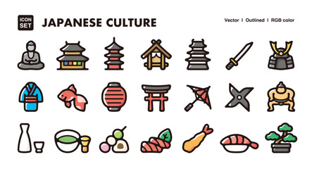 Japanese traditional culture illustration icon set.Simple vector outlines, clipart for graphic design.