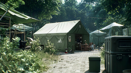 Overgrown Military Tent Camp in a Lush Green Forest During Daytime