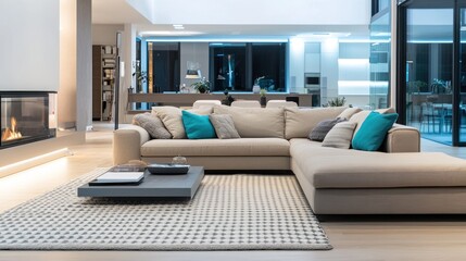 Fototapeta premium Spacious living area showcases a soft sectional sofa with decorative cushions, evoking a welcoming atmosphere next to a stylish fireplace