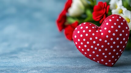 Fototapeta premium Red Heart With White Polka Dots Bouquet Romantic Background