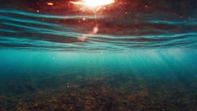 Underwater view of the calm water surface in the sea at sunset