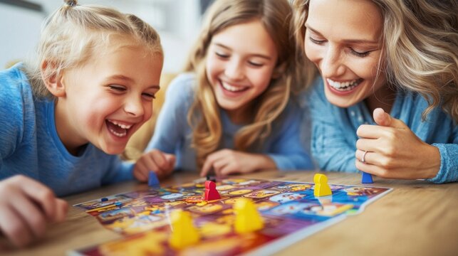 A joyful family plays a board game together, sharing laughter and smiles, in a warm and inviting living space