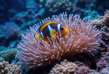 Obraz premium Clownfish swimming among colorful sea anemone in coral reef