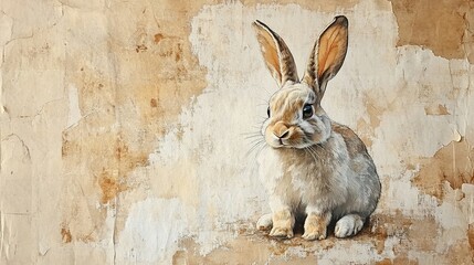 A cute rabbit poses on aged textured paper background
