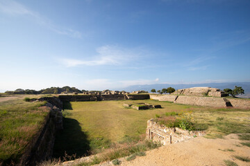 Patio hundido at the ancient archaeological ruins of Monte Alban in the Oaxaca region of Mexico....