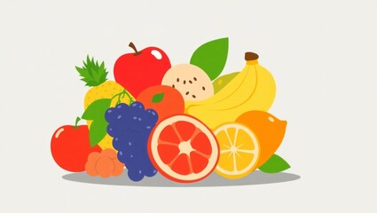 Colorful Fruit Bowl Overflowing with Fresh Seasonal Produce in a Clean Flat Illustration