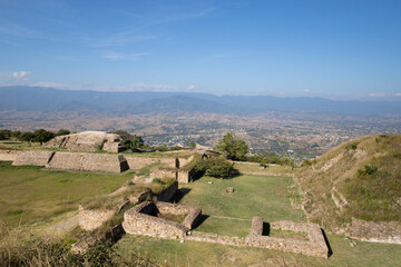 Patio hundido at the ancient archaeological ruins of Monte Alban in the Oaxaca region of Mexico....