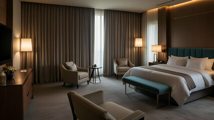 Fototapeta premium Luxurious Modern Hotel Room with Cozy Lighting Elegant Interior Design Comfortable King Bed and Stylish Furniture for a Relaxing Stay