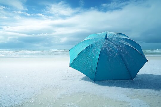Blue umbrella on snowy beach
