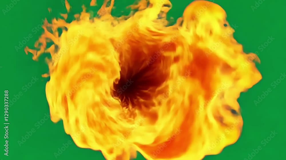 Poster fiery vortex spinning dynamically around dark central void, rotating against green background, offer