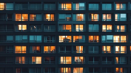 A detailed view of a modern apartment building illuminated at night.