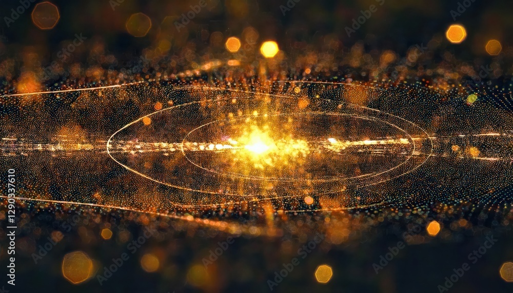 Poster cosmic energy explosion with golden particles, futuristic glowing nebula with abstract space time waves and light burst


