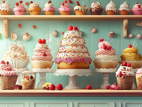 Colorful cupcakes on shelves in a vintage bakery