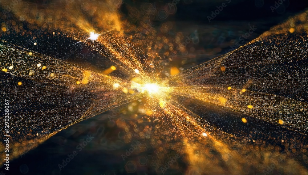 Poster cosmic energy explosion with golden particles, futuristic glowing nebula with abstract space time wa