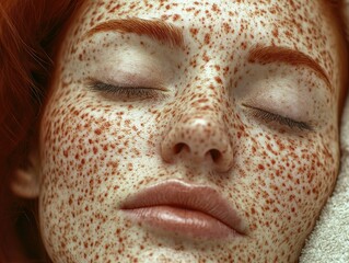 Close-up of fair-skinned redhead with dense freckles, dermatology and skincare stock photo
