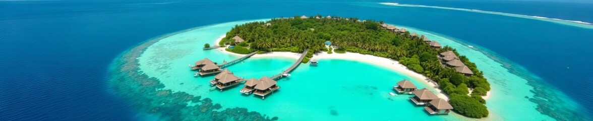 High-angle view of a luxurious Bora Bora resort nestled amidst vibrant coral reefs and clear waters ,  resort,  high angle,  lagoon