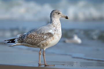 Fototapeta premium Herring gull, Larus argentatus, single bird on beach, South Australia. Wildlife Concept. Generative AI