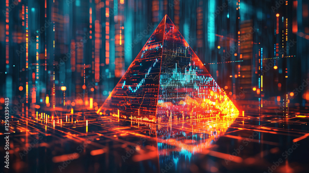 Poster futuristic digital pyramid with glowing circuits and data streams.