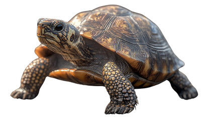 Obraz premium A small land turtle with a hard, brown shell covered in intricate patterns, walking slowly on the ground, isolated on a transparent background. The turtle has short legs and a curious look on its face