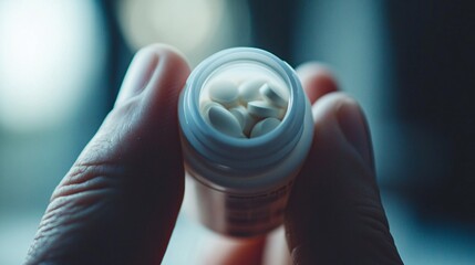 Person holding a small white bottle filled with white pills