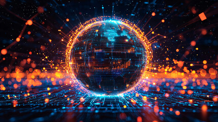 Fototapeta premium Digital globe with glowing particles and vibrant colors.