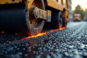 Asphalt paving machine at work Close-up view of hot asphalt being laid , project, highway, job