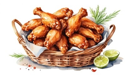Fototapeta premium Basket of chicken wings clipart, fast food element, watercolor style, isolated on white background
