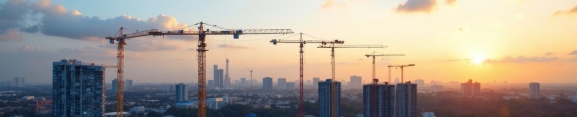 Multiple tower cranes at a residential construction site, viewed from above , site, engineering
