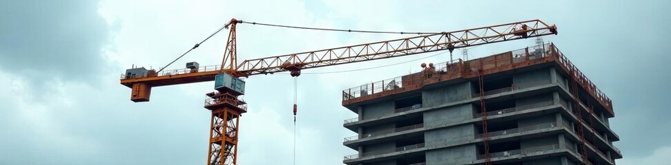 Rust colored crane against overcast sky, building under construction,  equipment,  backdrop