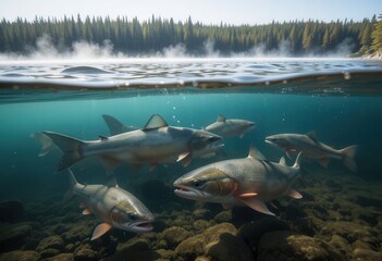 Fototapeta premium Fish swimming in a clear, tranquil lake surrounded by trees