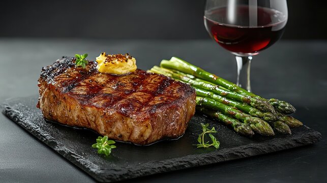 Grilled steak with butter and asparagus, wine, dark background