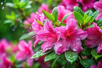 Rainy Day Azalea Blooms: Vibrant Pink Flowers in Spring Shower