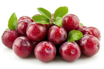 Fresh plums with leaves on white background