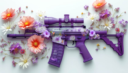 A modern tactical rifle against a background of elegant flowers creates a contrast between rigidity and tenderness. The image combines elements of brutality and refined aesthetics.