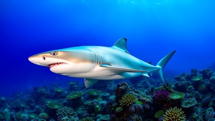 Obraz premium White Shark Swimming Through Vibrant Coral Reef in Blue Ocean – Underwater Marine Wildlife Adventure