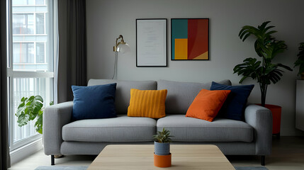 Modern Gray Sofa with Colorful Pillows in Minimalist Living Room