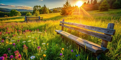 Obraz premium Rustic Wooden Bench and Fence in a Sunny Meadow - Stock Photo