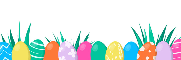 Colorful Easter Eggs on grass. Happy Easter. Vector template for card, banner, sale, invitation.