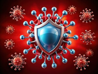 Fototapeta premium Stylized Virus with Shields on Red Background - Stock Photo