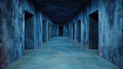 Dark, long hallway, concrete walls, mysterious atmosphere, background use